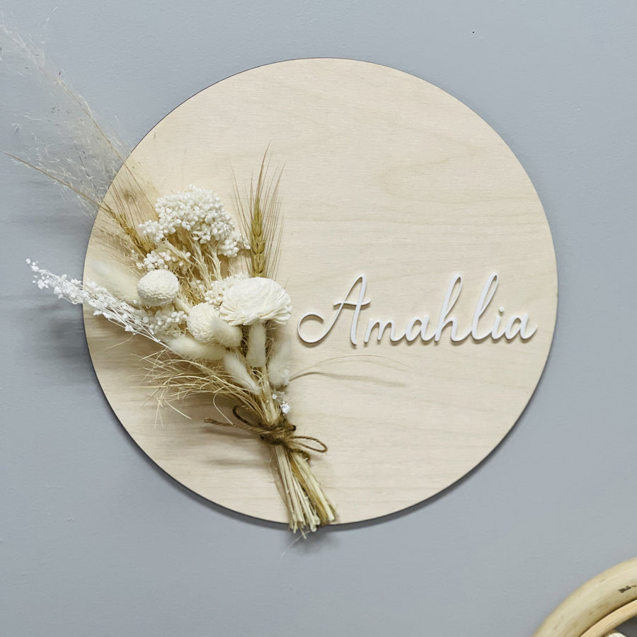 Name Sign with White Dried Flowers