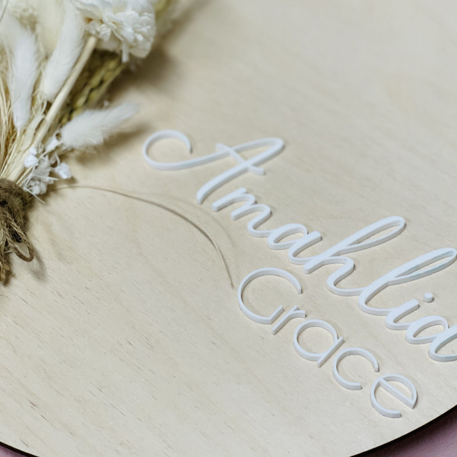 Name Sign with White Dried Flowers