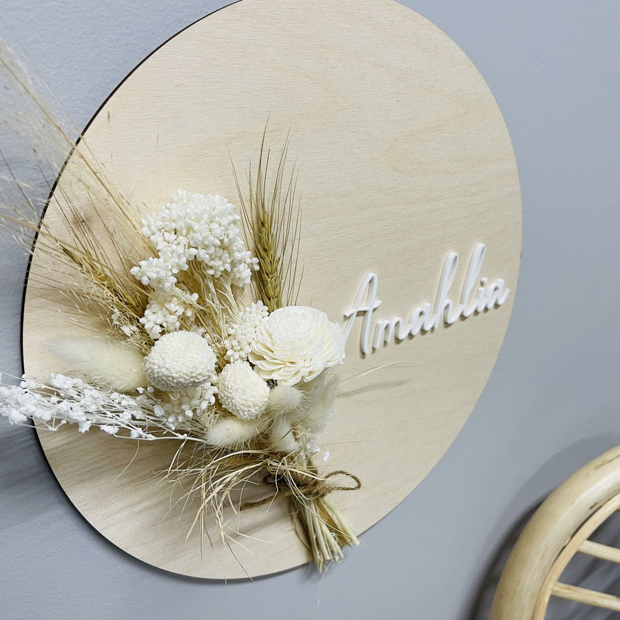 Name Sign with White Dried Flowers
